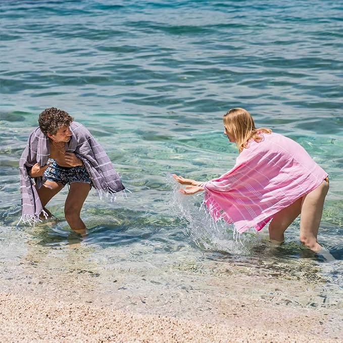 Hencely Turkish Beach Towel 37x68 Oversized, Sand-Free, Quick-Dry, Lightweight - Travel Essential for Pool & Bath - Striped 100% Cotton Bathroom Towels Accessories Gift (Light Pink)