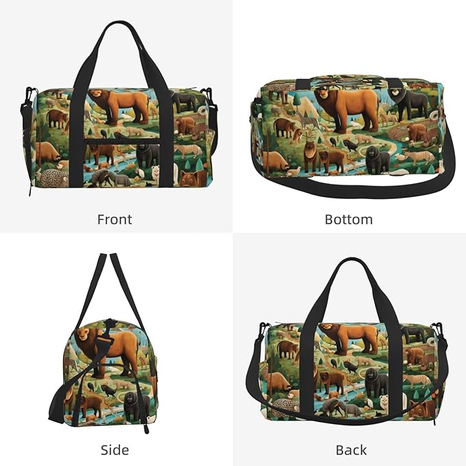 Sports Gym Bag Tropical Forest Animals Educational Travel Duffel Bag With Shoe Compartment Shoulder Strap, Lightweight Water-Resistant Weekend Overnight Totes For Women Men