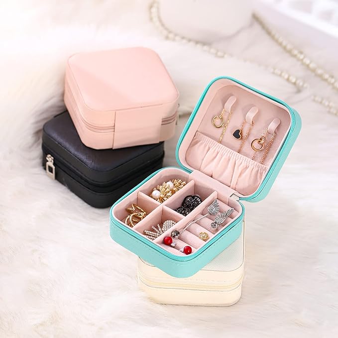 Mini Jewelry Case, Small Travel Jewelry Organizer, Portable Jewelry Box Storage Display Box For Rings, Earrings, Necklaces (White-4)