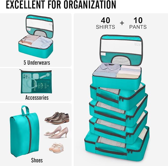 Veken 10 Set Packing Cubes for Toddler & Kids, Airplane Travel Essentials, Beach Vacation & Road Trip Suitcase Organizer Bags Set for Luggage, with Hanging Toiletry & Shoe Bag