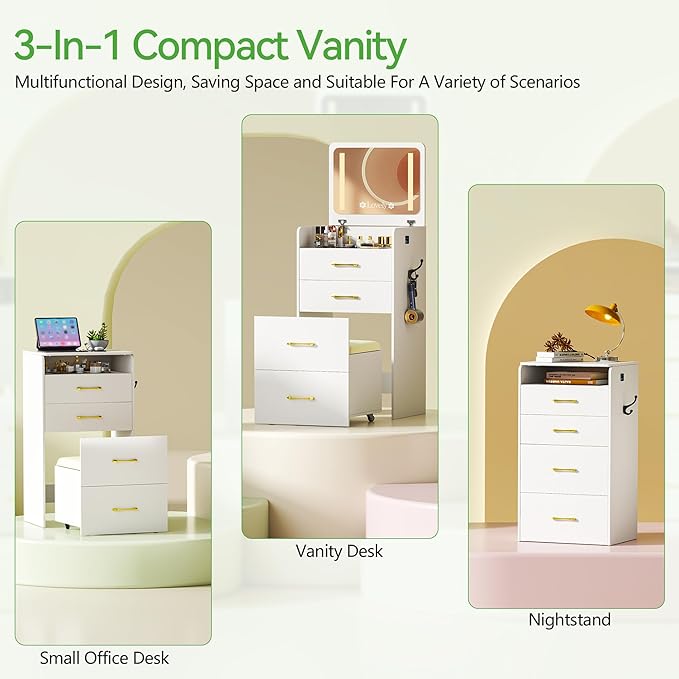 HNEBC 3 in 1 Vanity Desk with Plip Top LED Mirror,Small Dressing Table Set with Visible Glass Desktop,Compact Vanity with 3 Drawers,Storage Compartment and Padded Stool,for Bedroom(White)