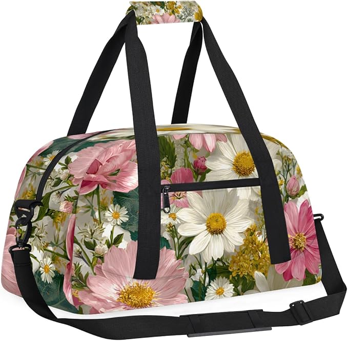 Florals Flower Daisy Gym Travel Duffle Bag for Women & Men with Front Zipper Pocket for Sports, Overnight, Weekender, Carry On,Workout & Dance Bag,Daisy Yellow White,18.9 * 8.7 * 10.6 in