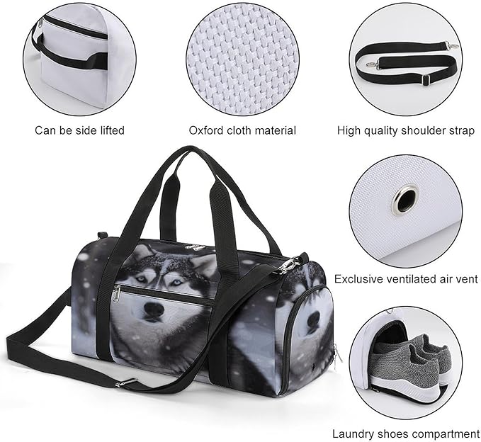Oxford Cloth Husky In Snow Dog Gym Bag,Duffle Bag with Shoes Compartment And Adjustable Shoulder Straps，Weekender Bags for Men Women.