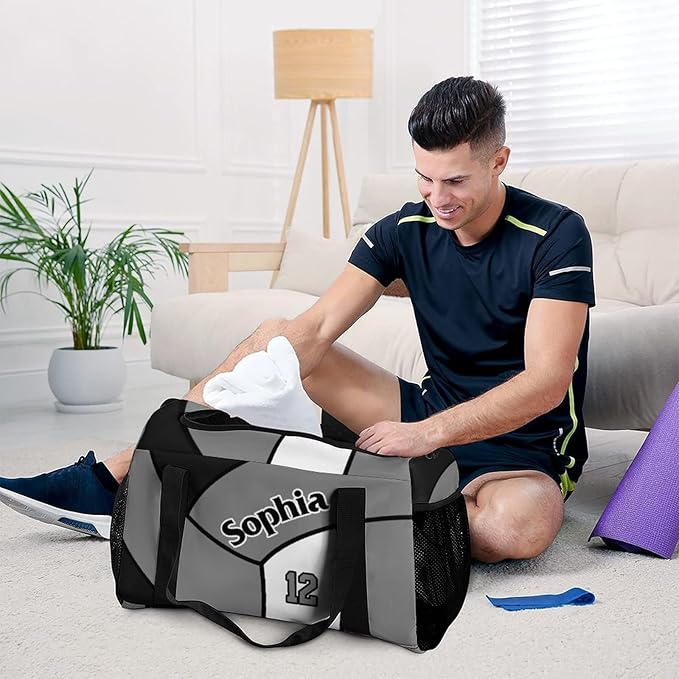 Custom Volleyball Black Grey Duffel Bag with Name Personalized Travel Bags Sport Gym Bag Carry On Weekender Bags for Men Women