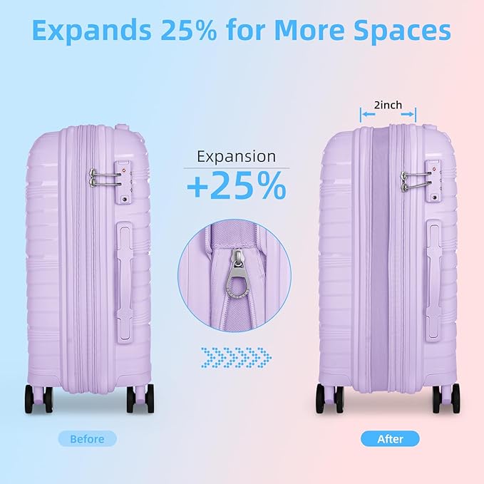 LARVENDER Luggage Sets 3 Piece, Expandable Carry On Luggage 22x14x9 Airline Approved, 20 Inch Hardshell & Lightweight PP Carry On Suitcase for Women with Spinner Wheels TSA Lock, Lavender