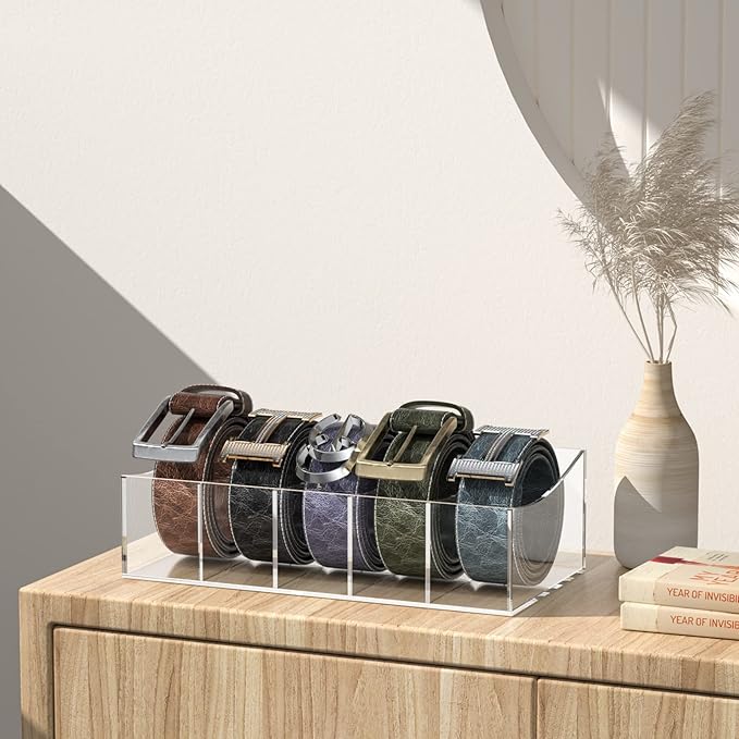 Belt Organizer, Acrylic Belt Storage Holder for The Closet and Drawer, 5 Compartments Belt Container Clear Display Case for Tie and Bow Tie