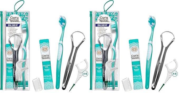 GuruNanda Travel-Friendly Oral Care Kit- 1 Butter on Gums Toothbrush, 1 Tongue Scraper, 4 Dual-Action Floss Picks, 1 Coconut & Mint Oil Pulling Sachet (Pack of 2)