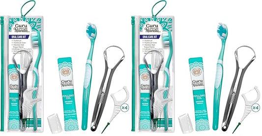 GuruNanda Travel-Friendly Oral Care Kit- 1 Butter on Gums Toothbrush, 1 Tongue Scraper, 4 Dual-Action Floss Picks, 1 Coconut & Mint Oil Pulling Sachet (Pack of 2)