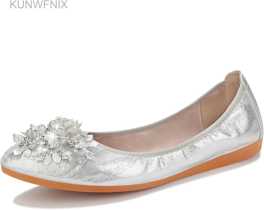 KUNWFNIX Women Ballet Flats Rhinestone Wedding Ballerina Shoes Foldable Sparkly Comfort Slip on Flat Shoes