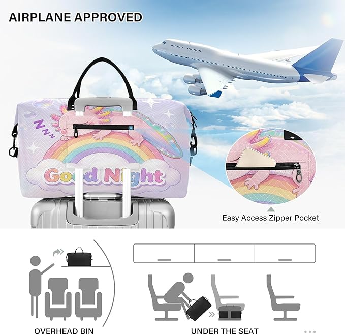 Travel Duffle Bag, Good Night Axolotl Rainbow Gym Bag with Storage Bag Weekender Overnight Bag for Men Women Trip Sports Yoga