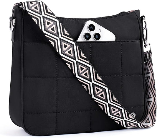Anti Theft Crossbody Bags for Women,Quilted Puffer Travel Purses Shoulder Hobo Bag Handbag with Guitar Strap