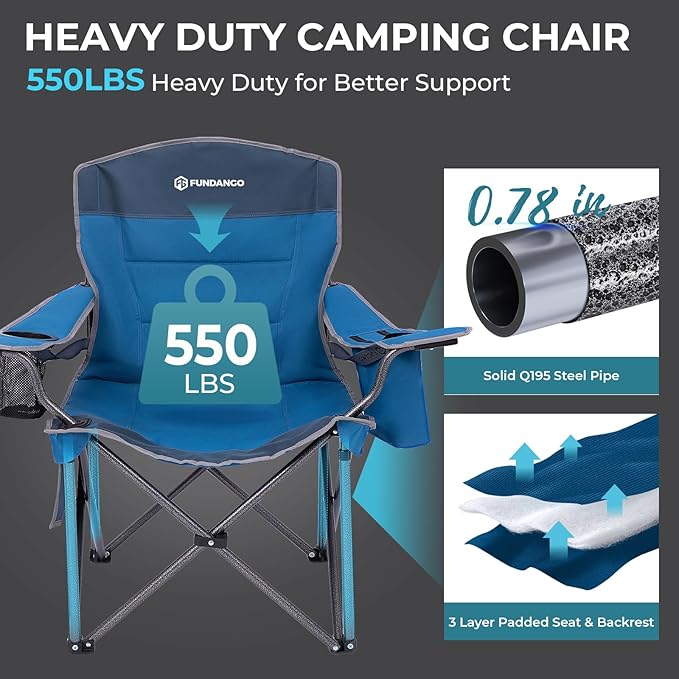 FUNDANGO Oversized Camping Chairs for Adults, Heavy Duty Fold Up Sports Games Lawn Chairs, Extra Wide Big Man Outdoor Chairs with Padded Lumbar Support Backrest, Bag Included for Camp, Outside, Beach
