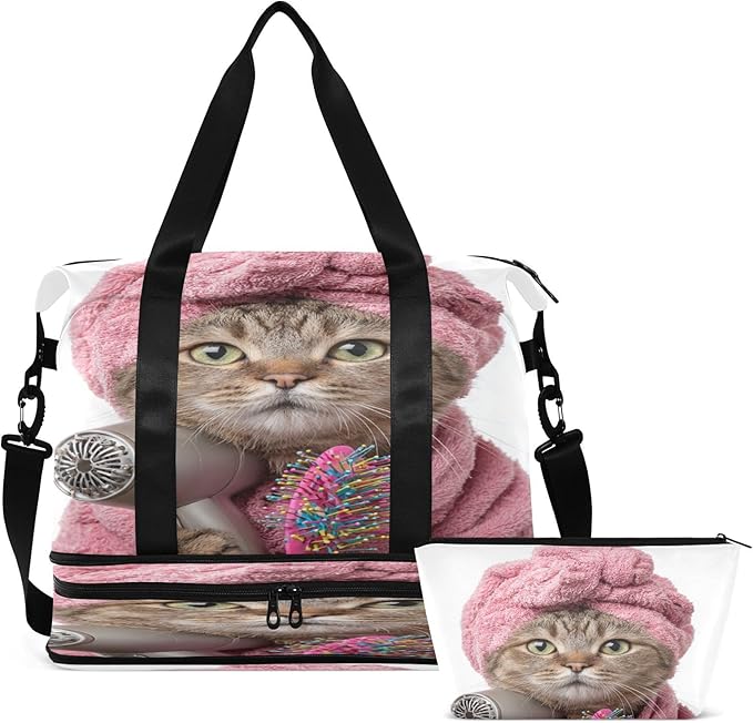 Travel Duffel Bags for Women Cute Cat with Pink Towel & Hair Dryer Sports Duffel Bags Gym Bags with Shoes Compartment Tote Bag Weekender Bag for Travelling