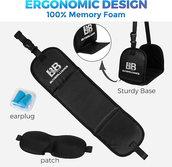 Foot Hammock for Plane Travel – Adjustable Airplane Leg Rest with Memory Foam Footrest, Eye Mask & Earplugs, Inflight Relief for Swollen Feet & Back Discomfort, Portable Travel Foot Rest