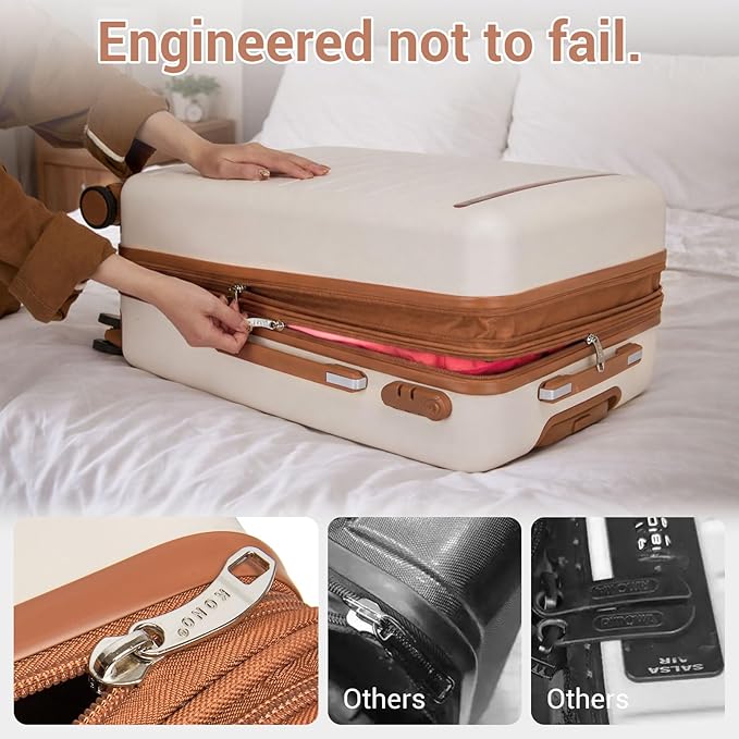 Kono 28 Inch Large Suitcase, Expandable for Long Trips, Impact-Resistant ABS+PC & Silent Wheels, Black, Lightweight Hardshell Luggage, Smooth Rolling Spinner Suitcase for Travel，Cream/Brown