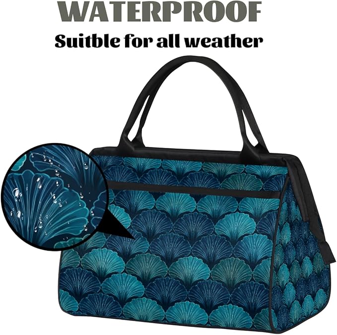 Overnight Weekender Bags for Women Men, Teal Blues Shells Waterproof Travel Carry On Duffel Bag, Lightweight Sports Gym Bag for Fitness, Workout, Travel
