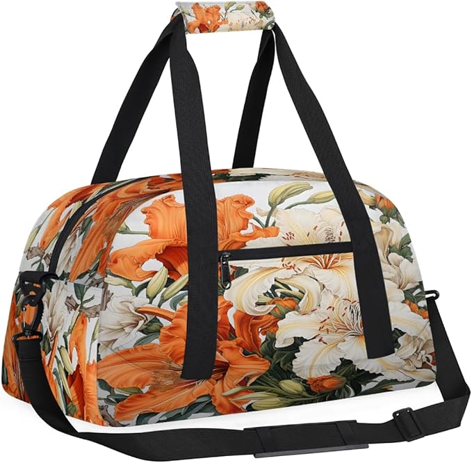Travel Duffle Bag, Orange White Flowers Waterproof Weekender Overnight Bags for Women Men Lightweight Carry on Duffle Gym Bag for Travel, Sports, Fitness, Workout