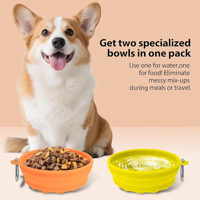 PawSailor 2-Pack Collapsible Dog Bowls with Suction Cups & Scraper - 16oz Travel Pet Bowls for Food/Water, Non-Slip Feeding Dish for Dogs, Includes Carabiner Clip Orange&Yellow