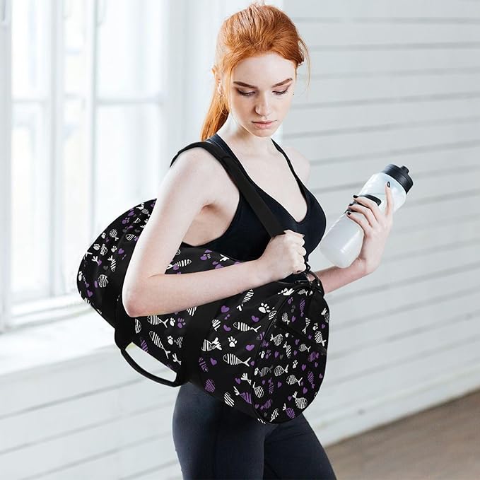 MNSRUU Sports Duffel Bags, White Purple Fish Bone Athletic Gym Bag Overnight Workout Travel Tote Luggage for Men Women Yoga