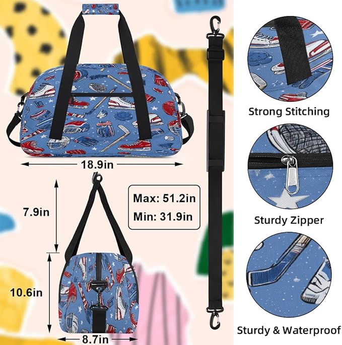 Kids Duffle Bag Girls Boys Cartoon Hockey Sports Roller Skates On Blue Weekender Overnight Bag,Lightweight Duffel Bags for Traveling Gym Sport Dance