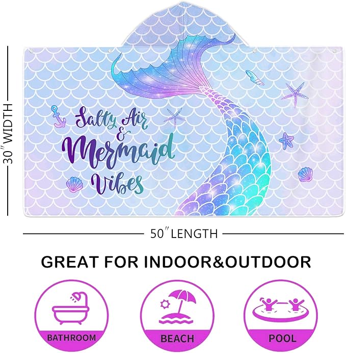 Bonsai Tree Mermaid Kids Hooded Beach Towel, Mermaid Tail Microfiber Hooded Poncho Towel for Girls 30”x50”, Mermaid Scales Pink Soft Absorbent Bath Towels Bathrobe with Hood for Swin Pool