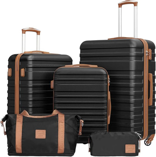 Coolife Suitcase Set 3 Piece Luggage Set Carry On Hardside Luggage with TSA Lock Spinner Wheels (Black, 5 piece set)
