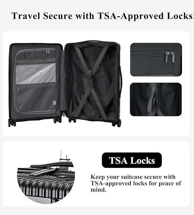 feilario 20in Hardside Spinner Wheel Luggage with Zipper Closure, Built-In TSA lock Carry on Suitcase, with Cup Holder & USB Port & Phone Holder Black(with zipper closure, 20in)
