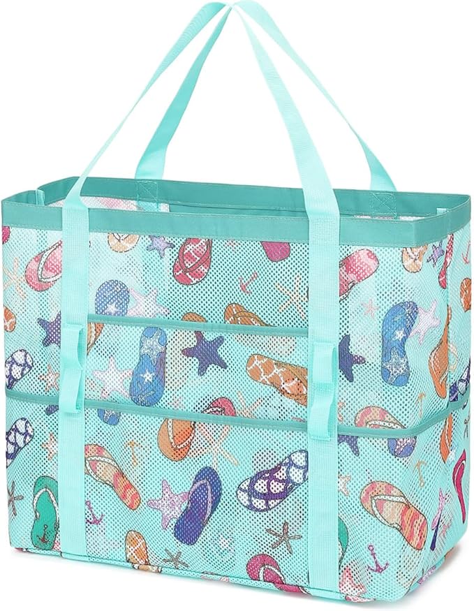Mesh Beach Bag, Large Beach Tote with Zipper Pocket, Toys Pool Bag for Family Travel Vacation Cruise Essentials