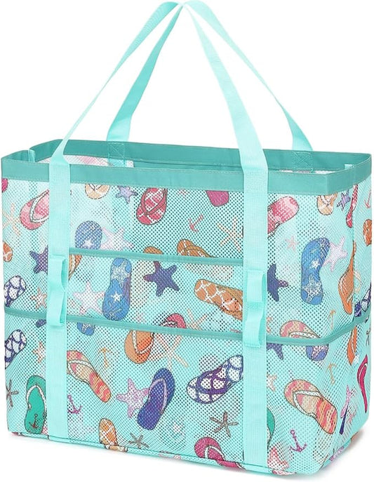 Mesh Beach Bag, Large Beach Tote with Zipper Pocket, Toys Pool Bag for Family Travel Vacation Cruise Essentials