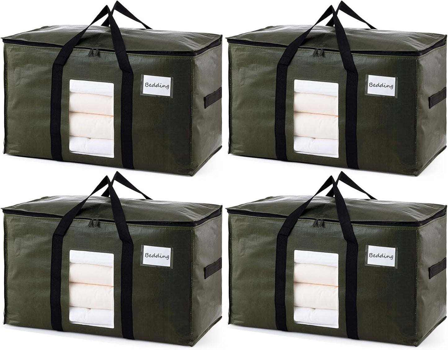 TAILI 4 Pack Green Extra Large Storage Bags, Heavy Duty Totes with Visible Window, Wrap Around Handles, Perfect for Moving