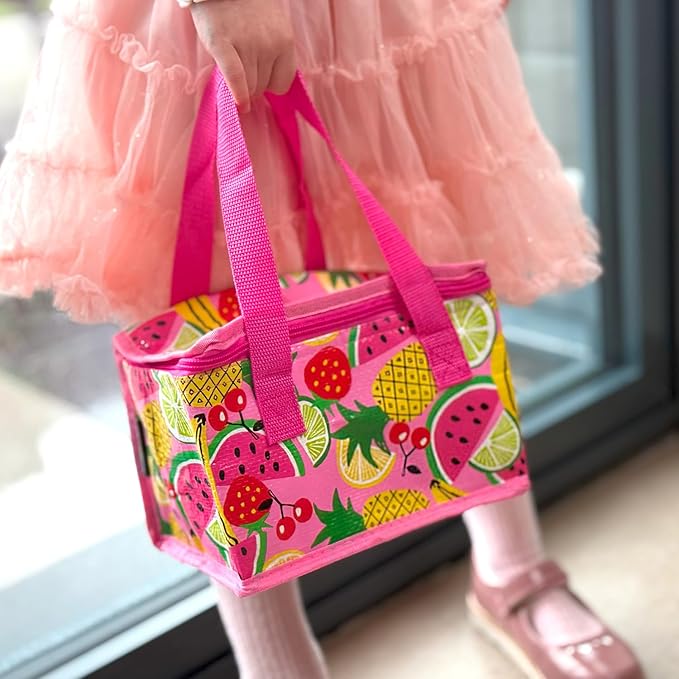 Fashion Stationery Insulated Lunch Bag Kids Lunch Box Folding Reusable Lunchbags for Girls or Boys Lunch Box for School, Beach or Travel Small Cooler or Picnic Coolers (Pink)