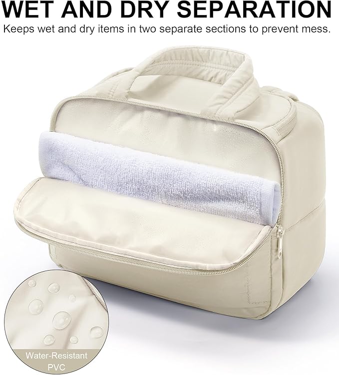 Travel Toiletry Bag for Women, Lightweight Large Quilted Puffy Makeup Bag Wide-open Make up Organizer Cloud Cosmetic Bag w/Handle for Traveling Toiletries, Essentials, Accessories, Beige