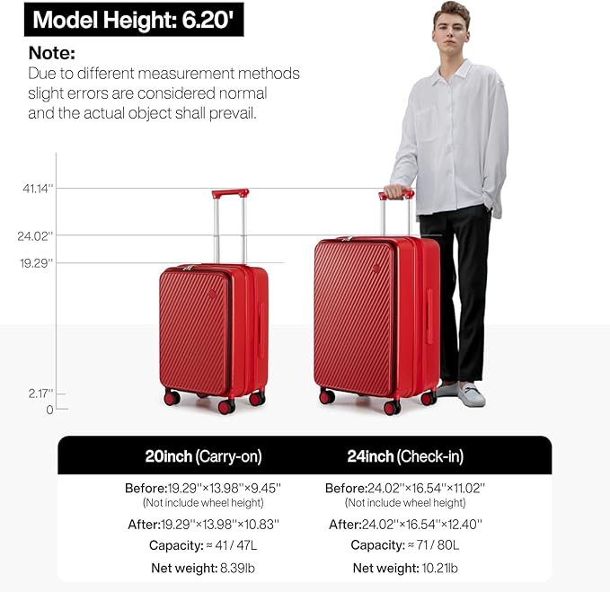 mixi 20 Inch Expandable Carry On Luggage PC Hard Shell Suitcase Top Opening Rolling Travel Suitcases with Spinner Wheels & TSA Lock, Red