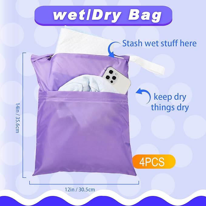Frienda 4 Pieces Wet Dry Bag for Baby Waterproof Reusable Washable Diaper Bag Sealed with Handle for Travel, Beach, Swimsuit, Diapers, Dirty Gym Clothes and Toiletries (Macaron)