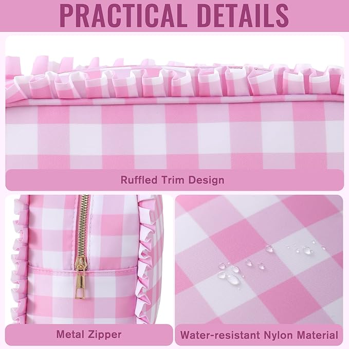 Gingham Ruffle Makeup Bag,Large Travel Cute Cosmetic Bag for Women Girls,Toiletry Bag Make up Organizer 10.8 x 4.5 x 8 inch (Pink Gingham)