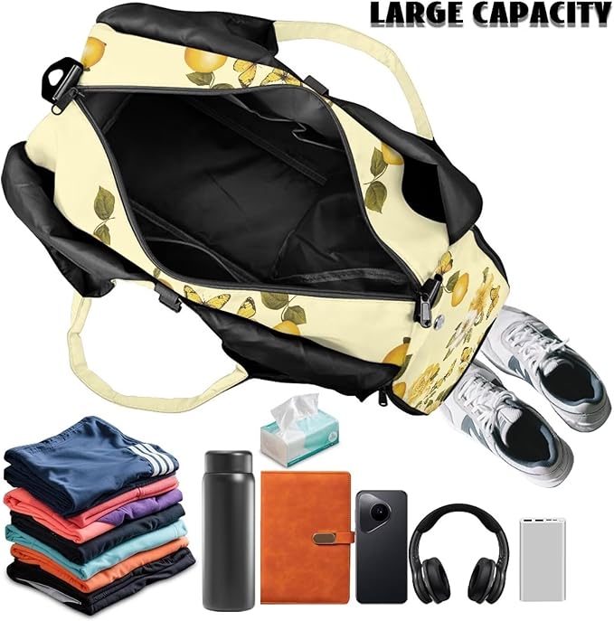 Travel Carry On Bag for Women with Yoga Mat Holder Strap, Lemon Gym Duffle Bag with Shoes Compartment, Wet Pocket, Gym Backpack Carring Workout Stuff Accessories