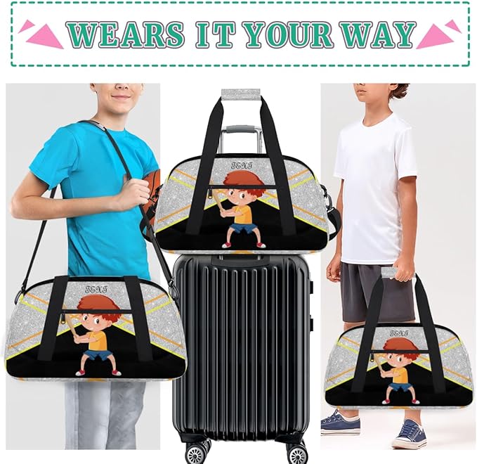 Custom Name Black Baseball Boy Gym Travel Duffle Bag with Front Zipper Pocket Personalizedfor Sports Bag for Overnight, Weekender, Carry On,Workout & Dance, 18.9 * 8.7 * 10.6 in