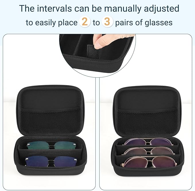 Mkono Travel Sunglasses Organizer Glasses Case Multiple Pairs with Adjustable Slots Eyeglasses Case Storage Box for Men (3 Slots, Black)