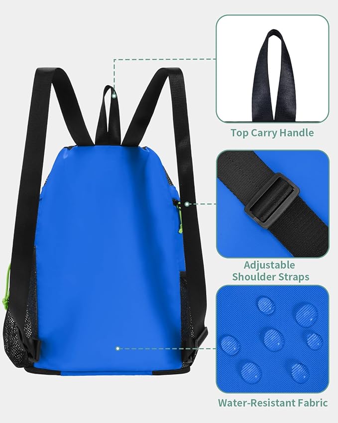 WANDF Swim Bag with Wet Pockets, Sandproof Beach Backpack with 40oz Tumbler Side Pockets, Mesh Drawstring Backpack Swim Bag for Swimming, Pool, Gym and Workout Gear (Blue)