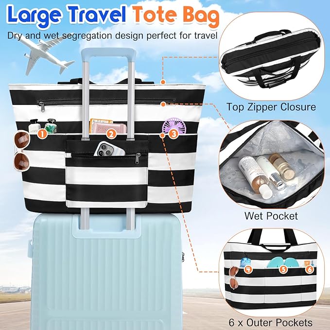 BKNOOU Extra Large Beach Bags Waterproof Sandproof XL Beach Tote Bag for Women Zipper Foldable Swim Pool Bag with Wet Pocket