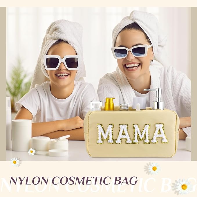 Sanwuta 2 Pieces Mama Gifts Makeup Bag Mom Pouch Birthday Gifts Nylon Cosmetic Bag Mothers Day Appreciation Toiletry Preppy Patch Chenille Letter for Women Her New Mom(Blue, Beige,Baby and Mama)