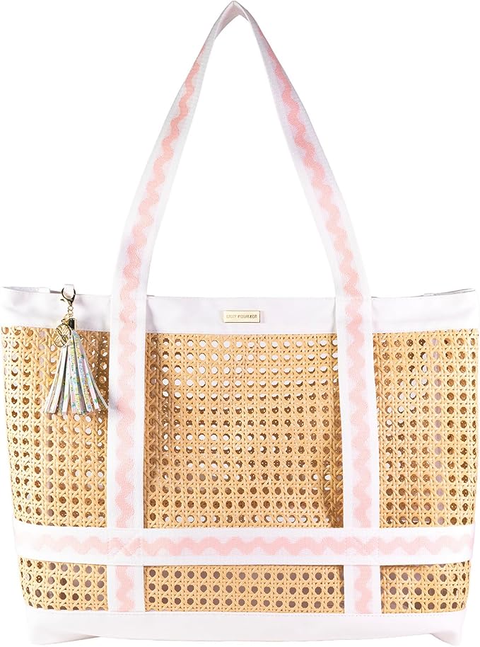 Lilly Pulitzer Large Travel Tote Bag with Hat Holder Strap, Caning Beach Bag with Tassel Keychain (Lilly Garden Home)