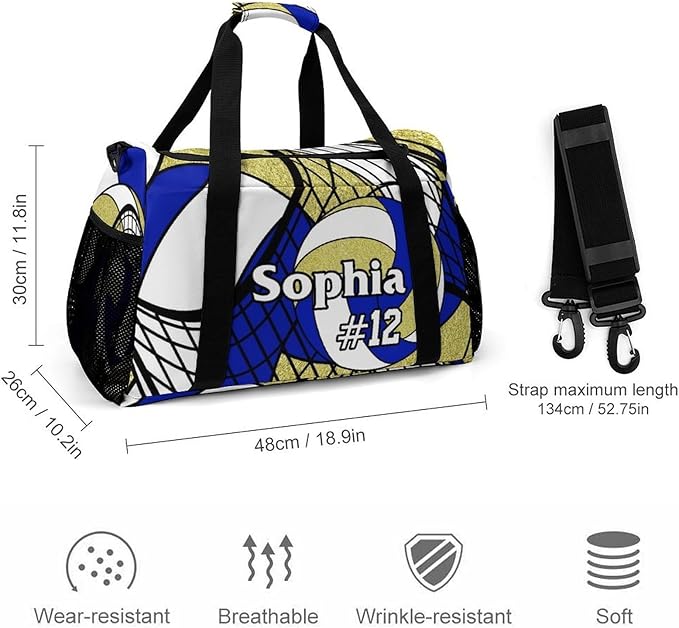 Custom Volleyball Deep Blue Gold Duffel Bag with Name Personalized Travel Bags Sport Gym Bag Carry On Weekender Bags for Men Women