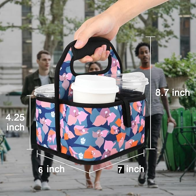 Beautyflier Reusable Insulated Coffee Cup Carrier, Portable Drink Holder with Handle Organizer Tote Bag for Hot & Cold Drinks (Bougainvillea)
