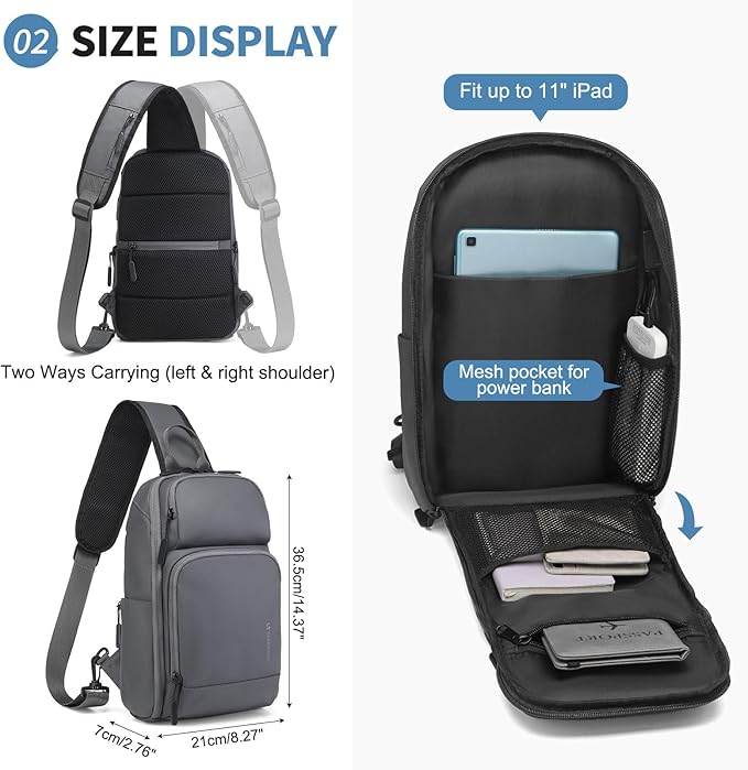 Men's Sling Bag, Convertible Anti Theft Sling Backpack, 11" One Shoulder Crossbody Backpack with USB Charging Port for Working Travel Daily, Dark Grey