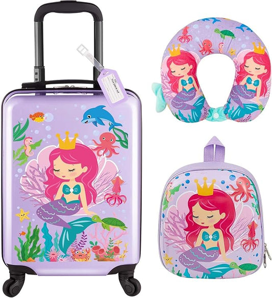 Sanwuta 4 Pcs Kids Luggage Set Rolling Suitcase Backpack U-shaped Pillow Kids Carry On Gift for Summer Travel Family Trip(20 Inch,Mermaid Style,Purple)
