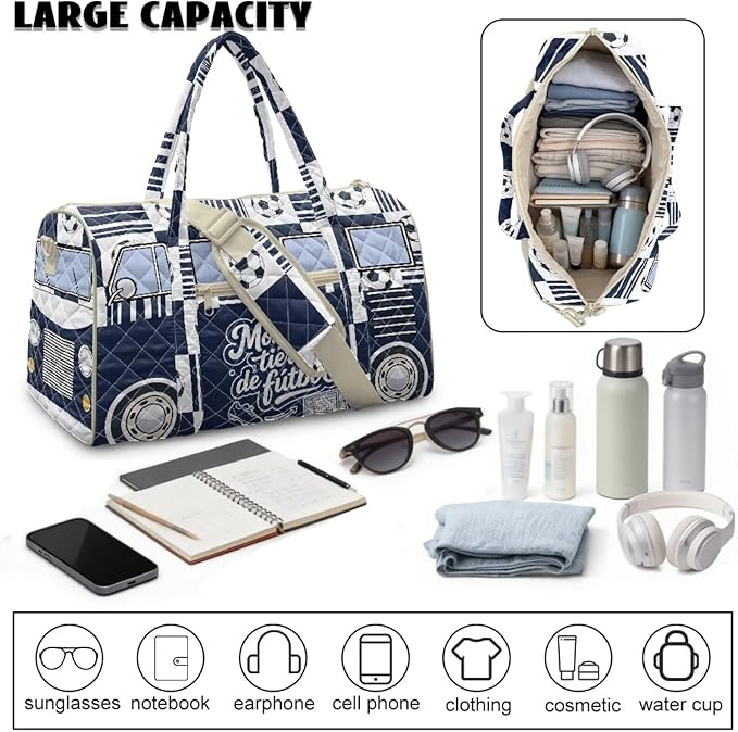 COEQINE Quilted Tote Bag Large Car，Monterrey Van Car Themed Men Purses Backpack Travel Duffle Bag for Weekender Gym Workout