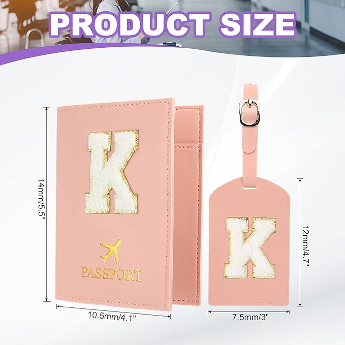 PATIKIL Passport Holder for Travel, Initial Passport Cover and Luggage Tag Set with Alphabet Chenille Letter Patch Travel Wallet Bag Suitcase Identifier for Women Family Travel Pink K