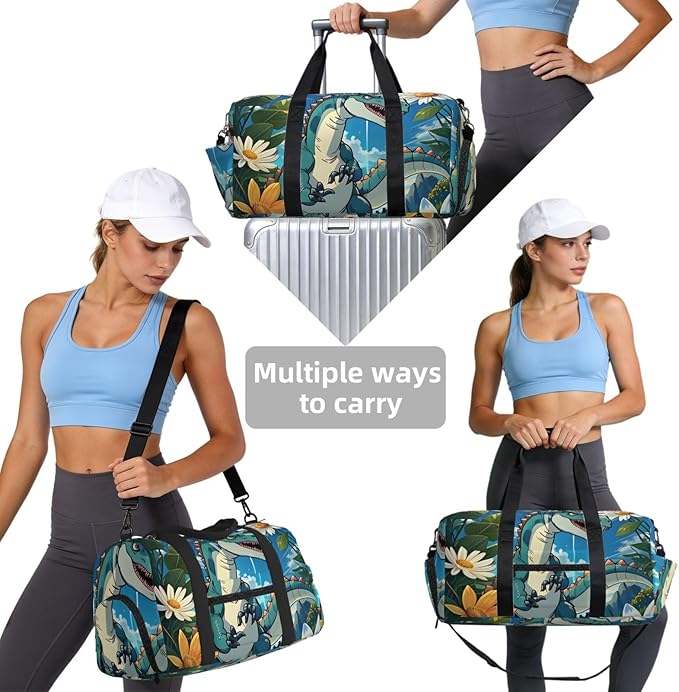 Cute Dinosaur Print Gym Bag with Shoe Compartment for Women Men, 17.7in Sports Duffle Weekender Tote, Overnight Travel Duffel Bag Carry On