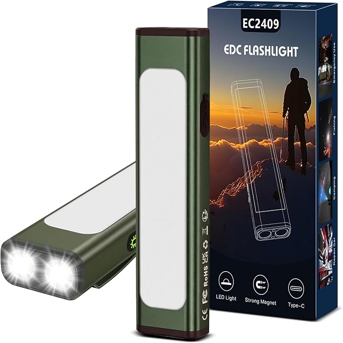 Pocket Flashlight, 1200 Lumens Rechargeable EDC Flashlight with Clip, USB-C Port, 3 Modes Waterproof Warning Light for Working, Camping, Repairing, Emergencies (Green, 1PCS)